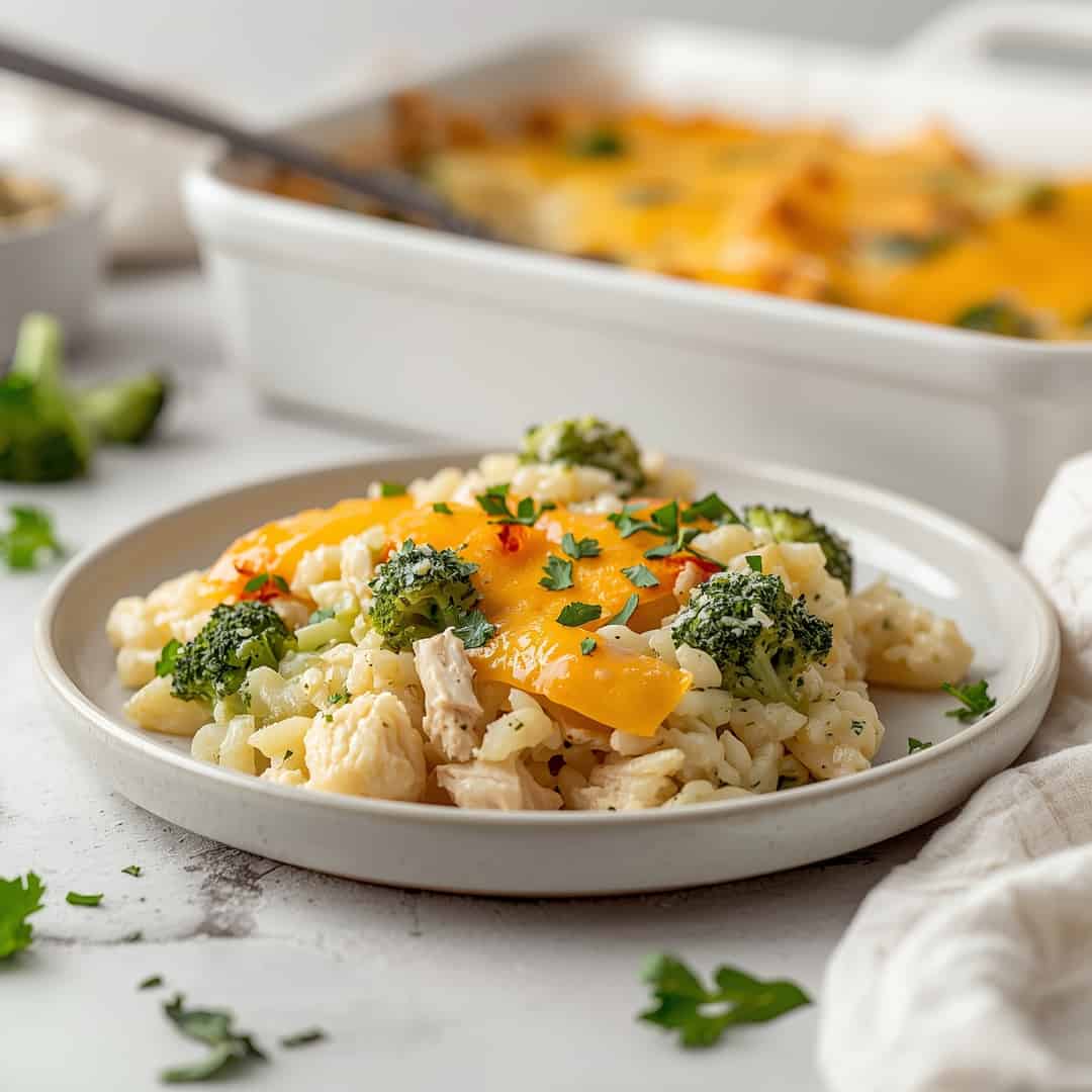 Creamy Chicken Broccoli Rice Cheese Casserole
