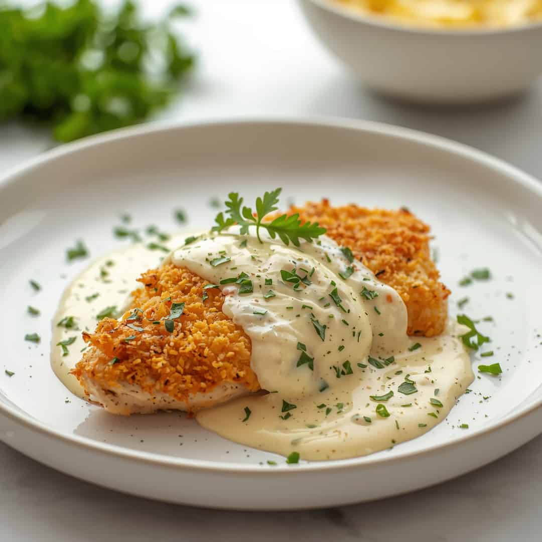 Parmesan Crusted Chicken Creamy Garlic Sauce