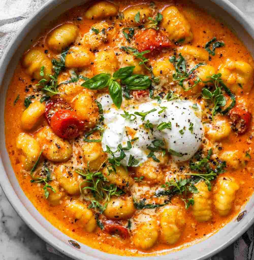 30 Minute Creamy Tomato Gnocchi with Burrata