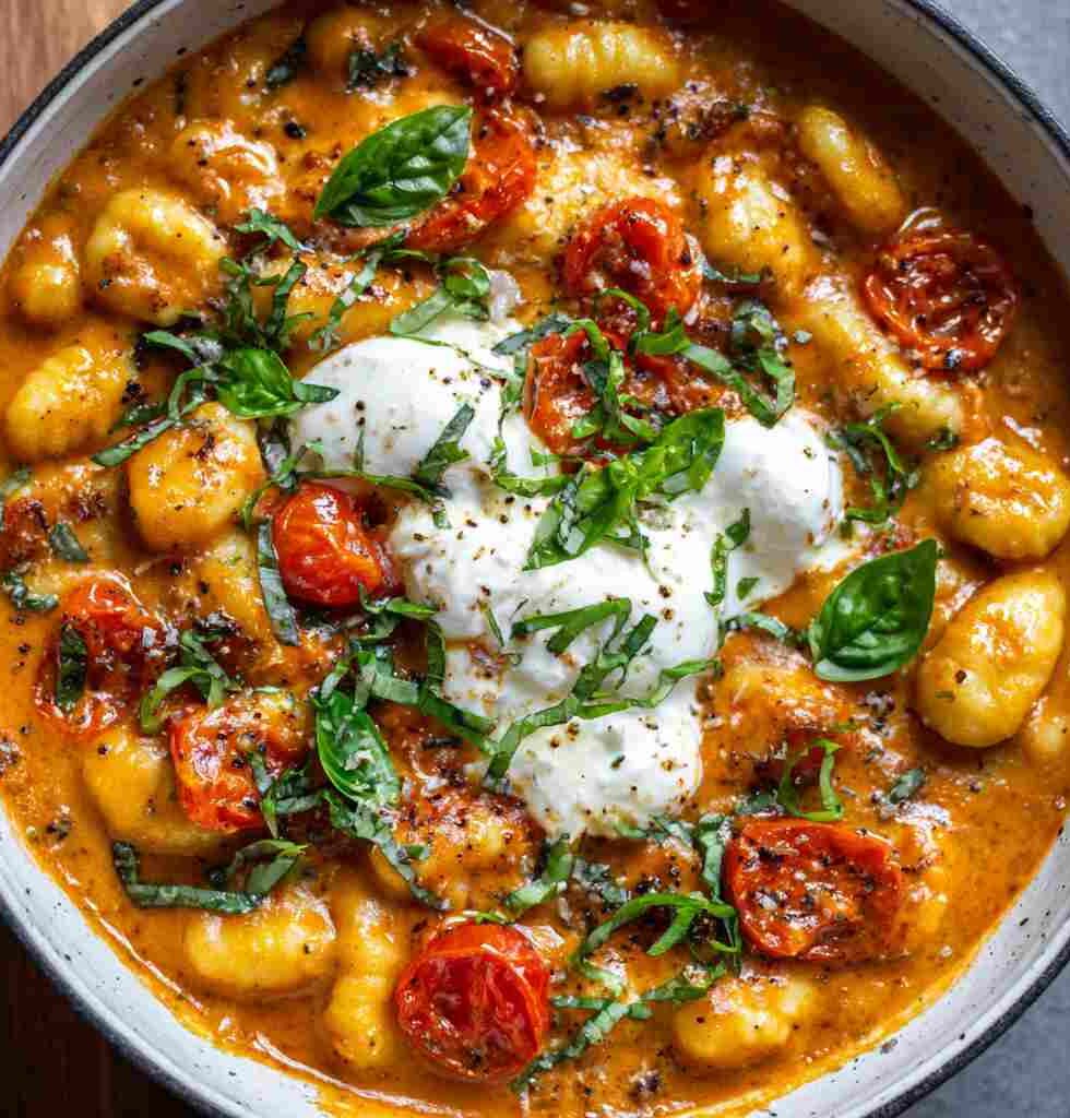 30 Minute Creamy Tomato Gnocchi with Burrata