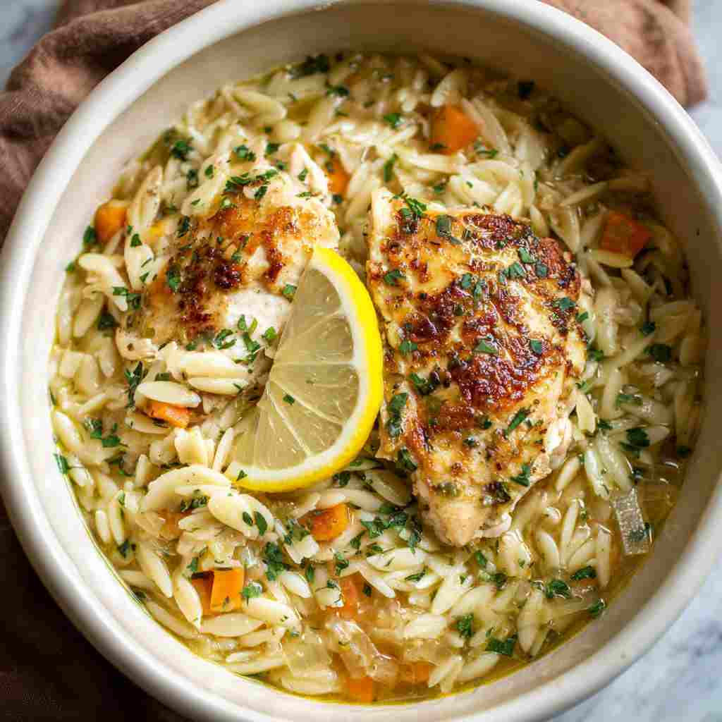 Crockpot Lemon Garlic Chicken & Orzo