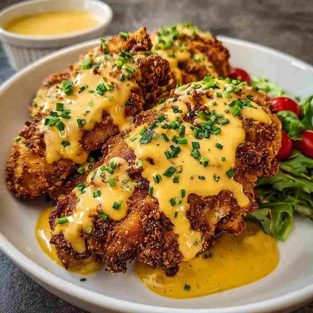 Pretzel Chicken with Mustard-Cheddar Sauce