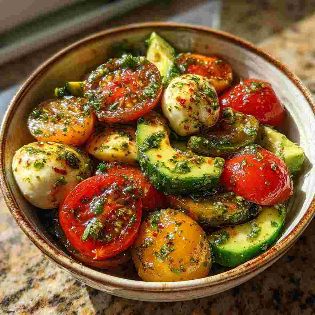 Tomato Cucumber Salad with Avocado, Mozzarella, and Basil Pesto