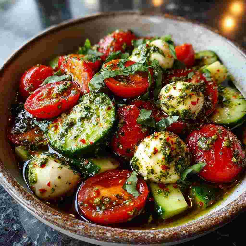Tomato Cucumber Salad with Avocado, Mozzarella, and Basil Pesto process